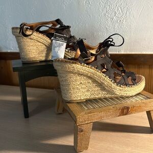 ETC! Black Faux Leather Lace up Cork Wedges